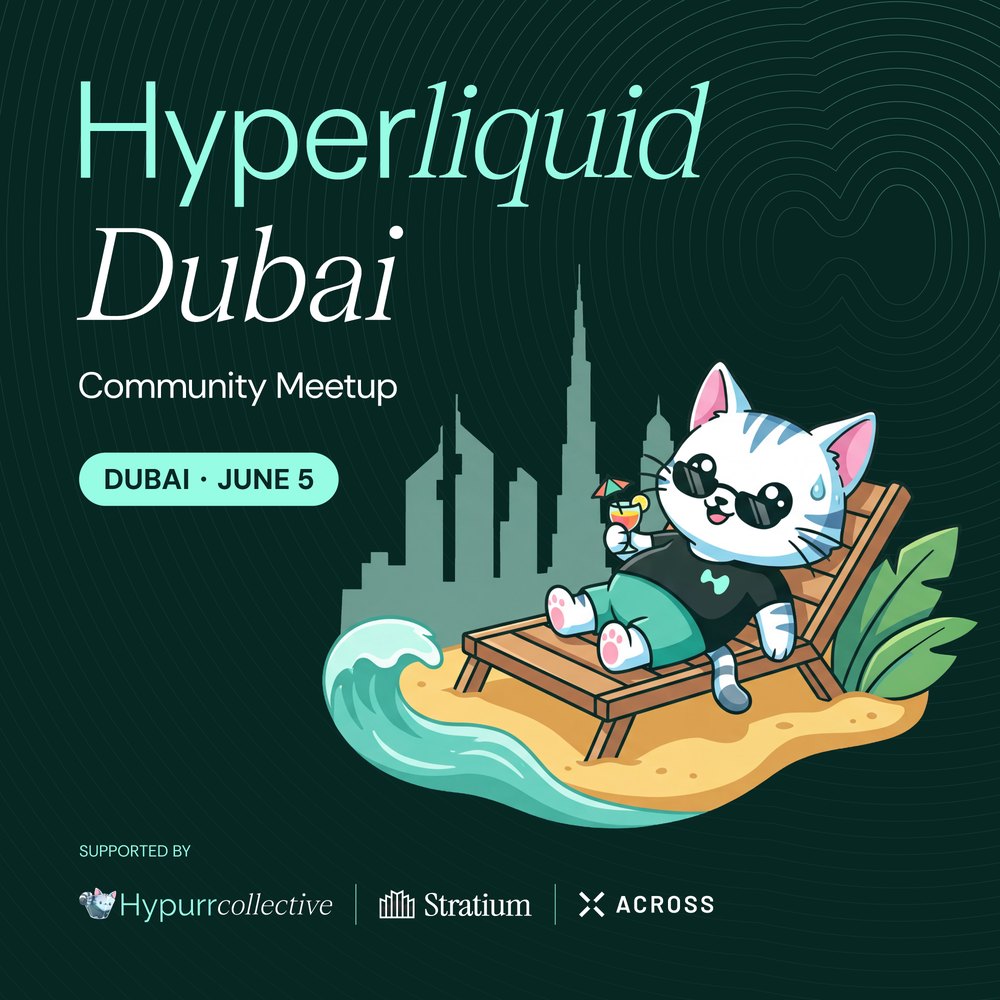 Hyperliquid Dubai community event cover, June 5: Hypurr in sunglasses on a beach chair with the Dubai skyline behind